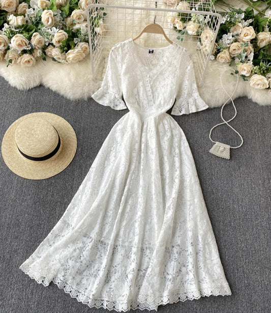 White A line lace v neck dress  793