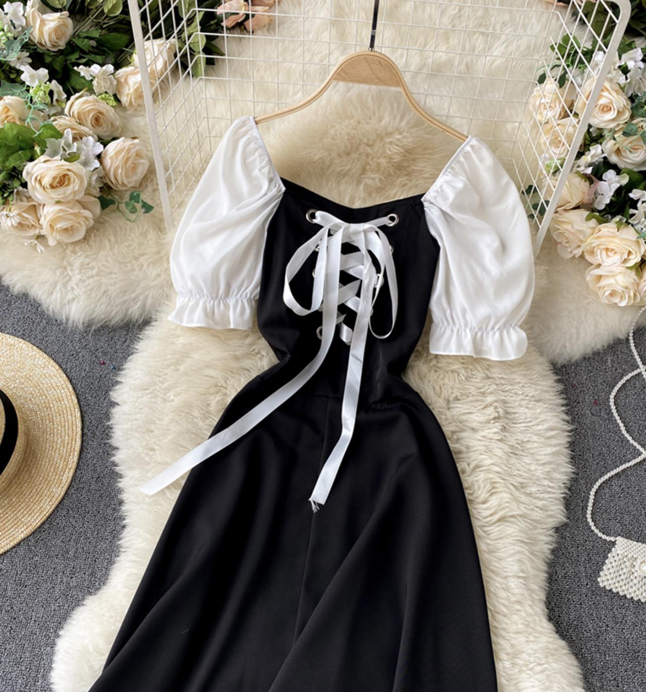 Black lace up short dress A line fashion dress  741