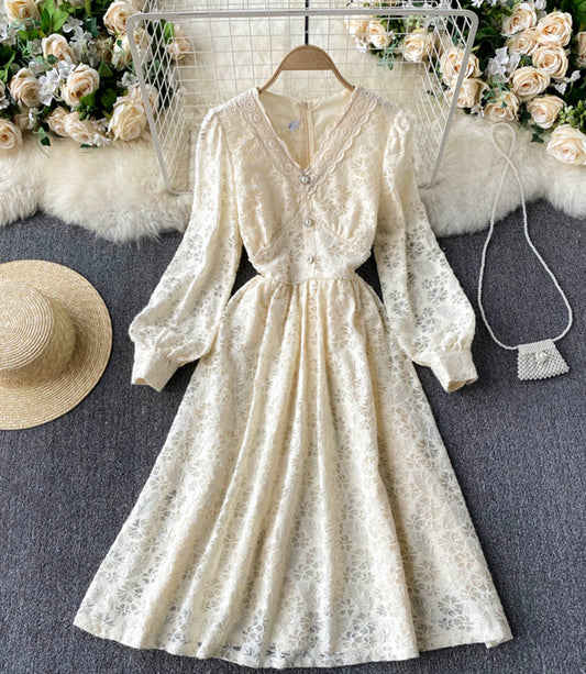 Champagne v neck lace dress fashion dress  847