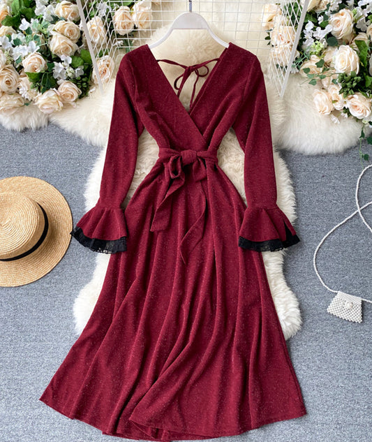 Stylish v neck long sleeve dress  1024