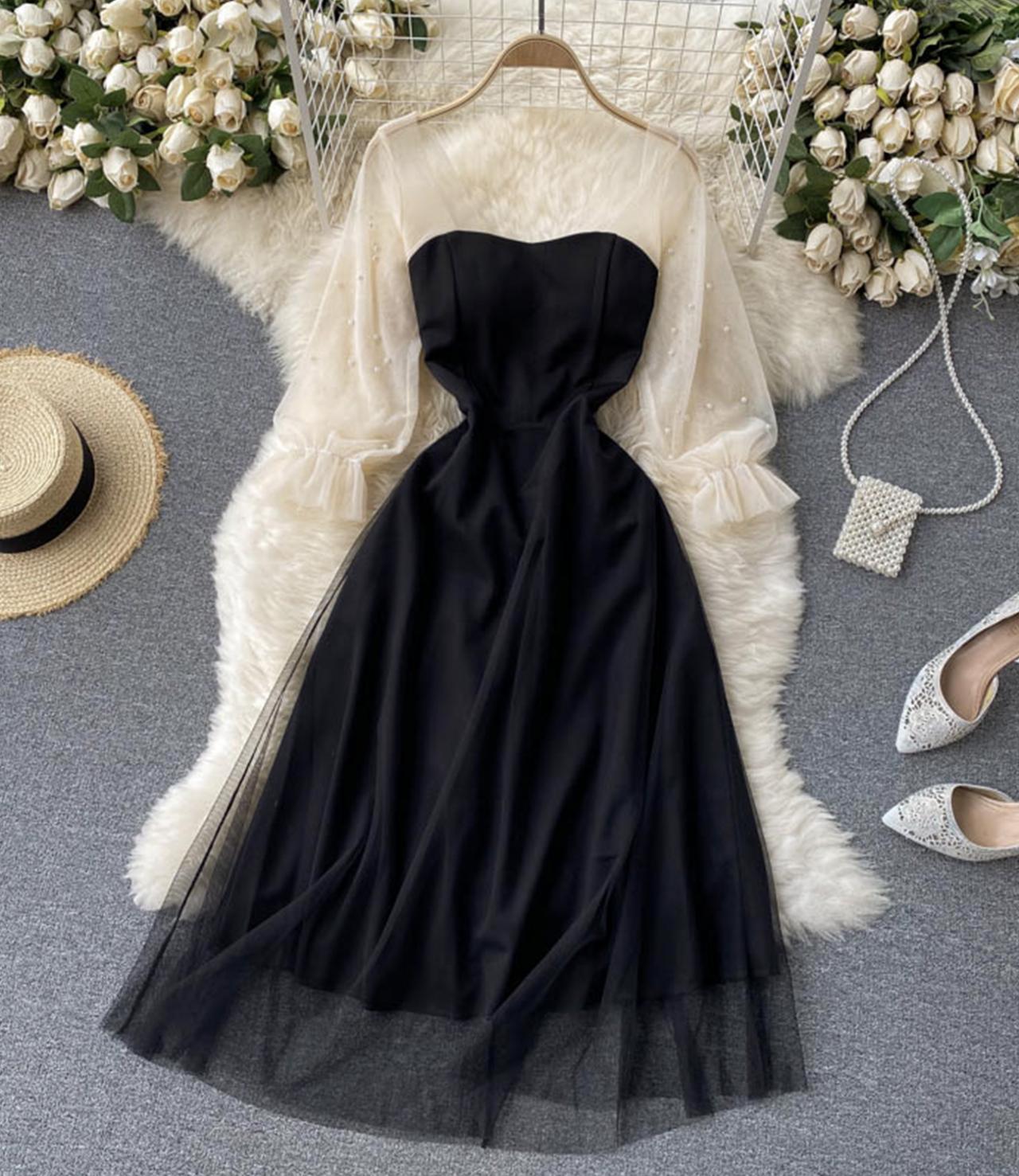 Black A line tulle short dress fashion dress  732