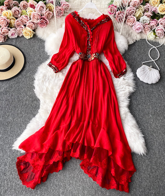 A line v neck lace long sleeve dress  995
