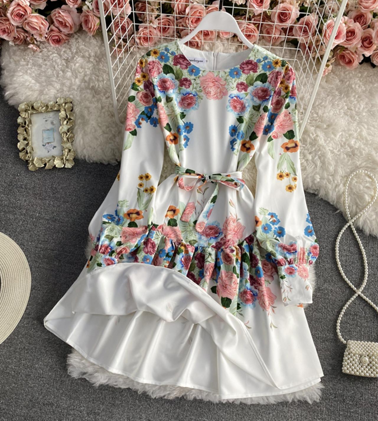 Stylish A line floral dress long sleeve dress  803