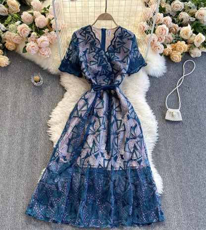 Blue v neck lace dress party dress  800