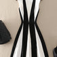 Stylish A line black white striped slim dress  1211