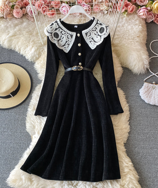 Lovely A line corduroy dress long sleeve lace dress  924