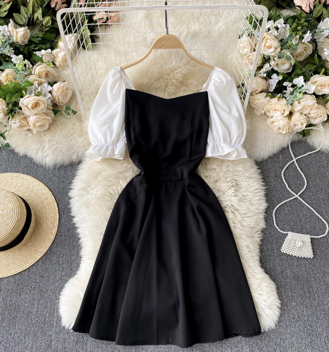 Black lace up short dress A line fashion dress  741