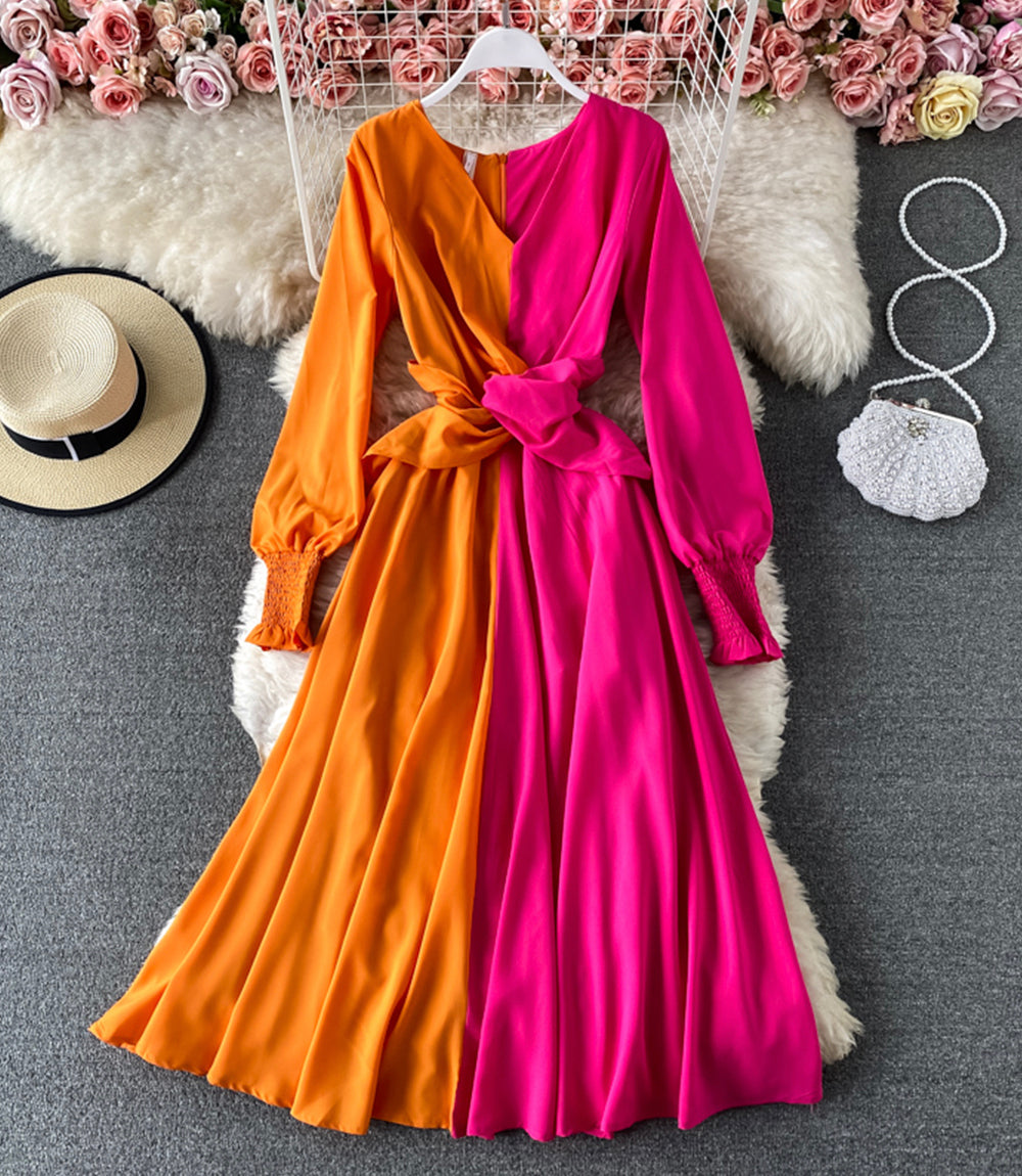 Unique color-blocking long-sleeved dress  869