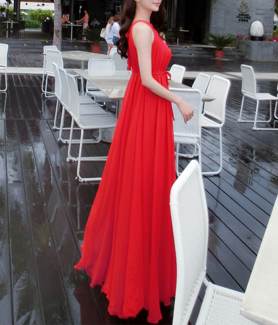 Red chiffon long dress women's dress  1190