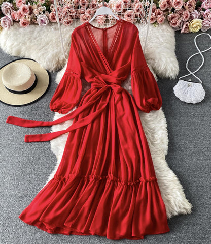 Red A line chiffon dress fashion girl dress  840