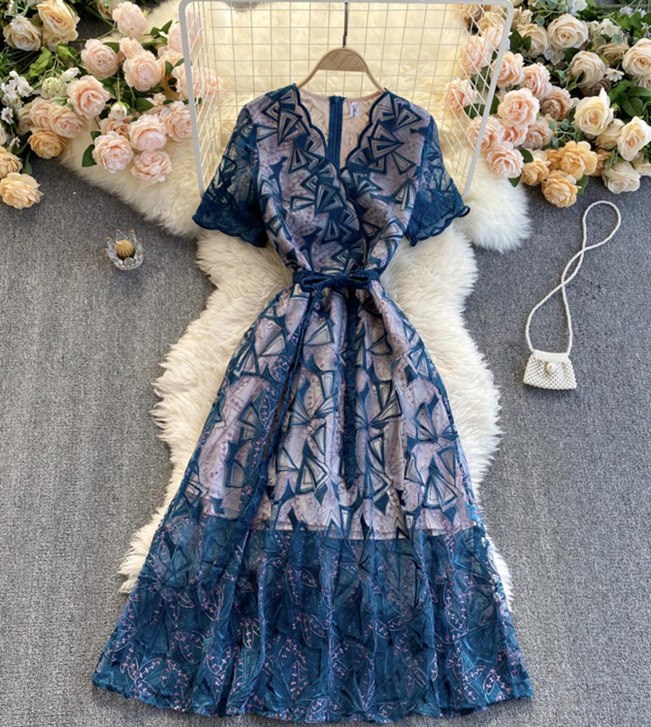 Blue v neck lace dress party dress  800