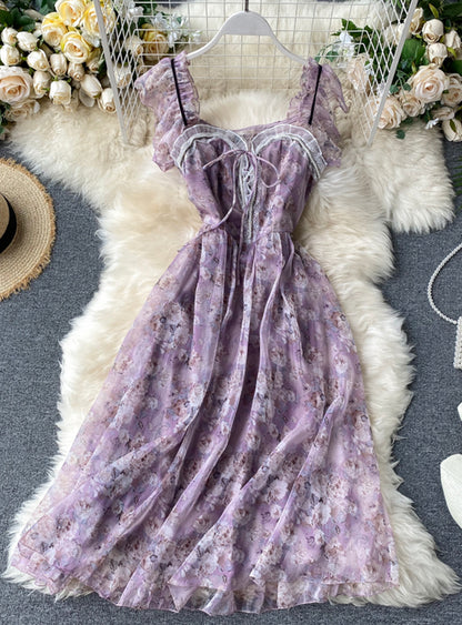 Purple print sleeveless short dress women's dress  1177