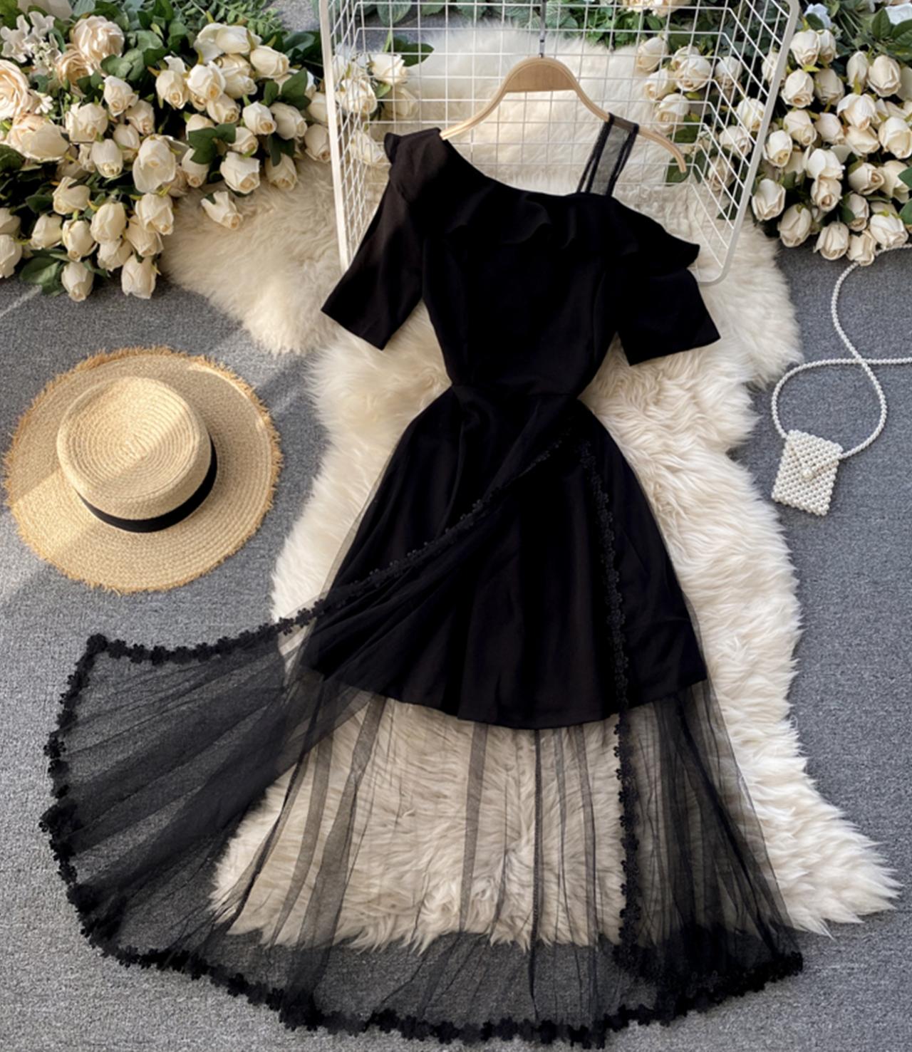 Schwarzes Kleid mit einer Schulter Schwarzes Spitzenkleid 785