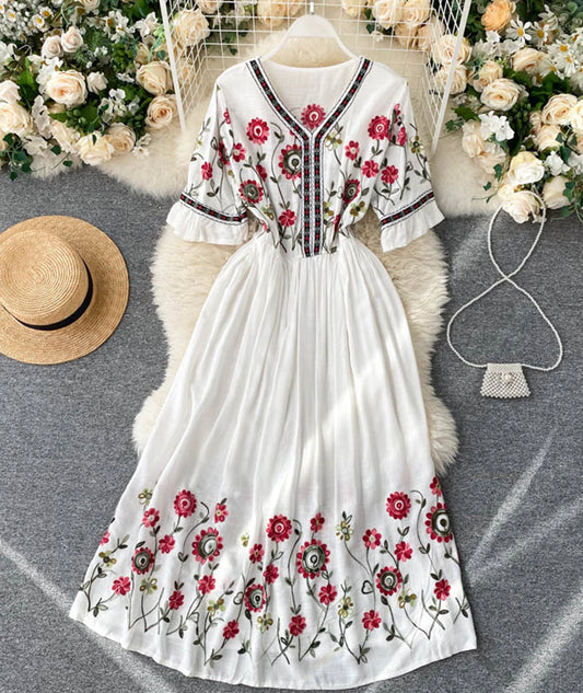 A line v neck embroidery dress  992