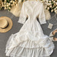 White A line lace dress v neck dress  871