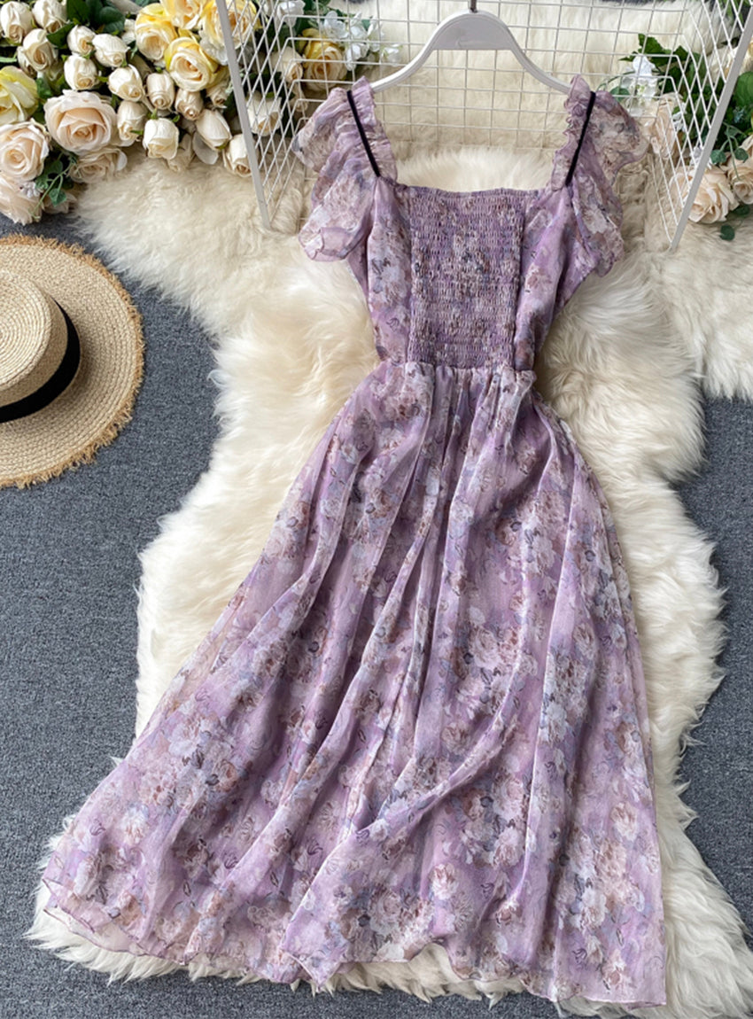 Purple print sleeveless short dress women's dress  1177