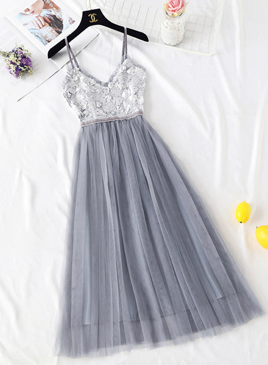 A line v neck tulle dress women's dress  1153