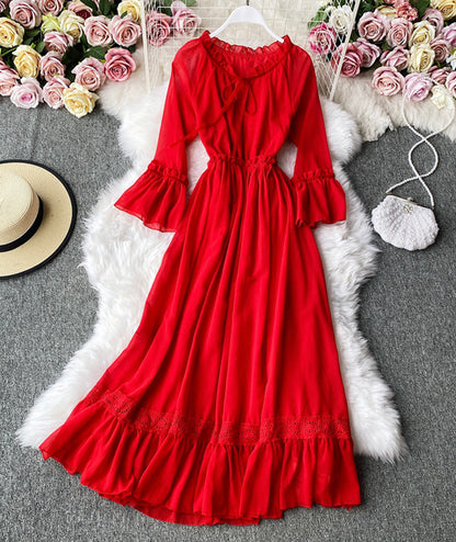 Red A line chiffon dress fashion girl dress  1005