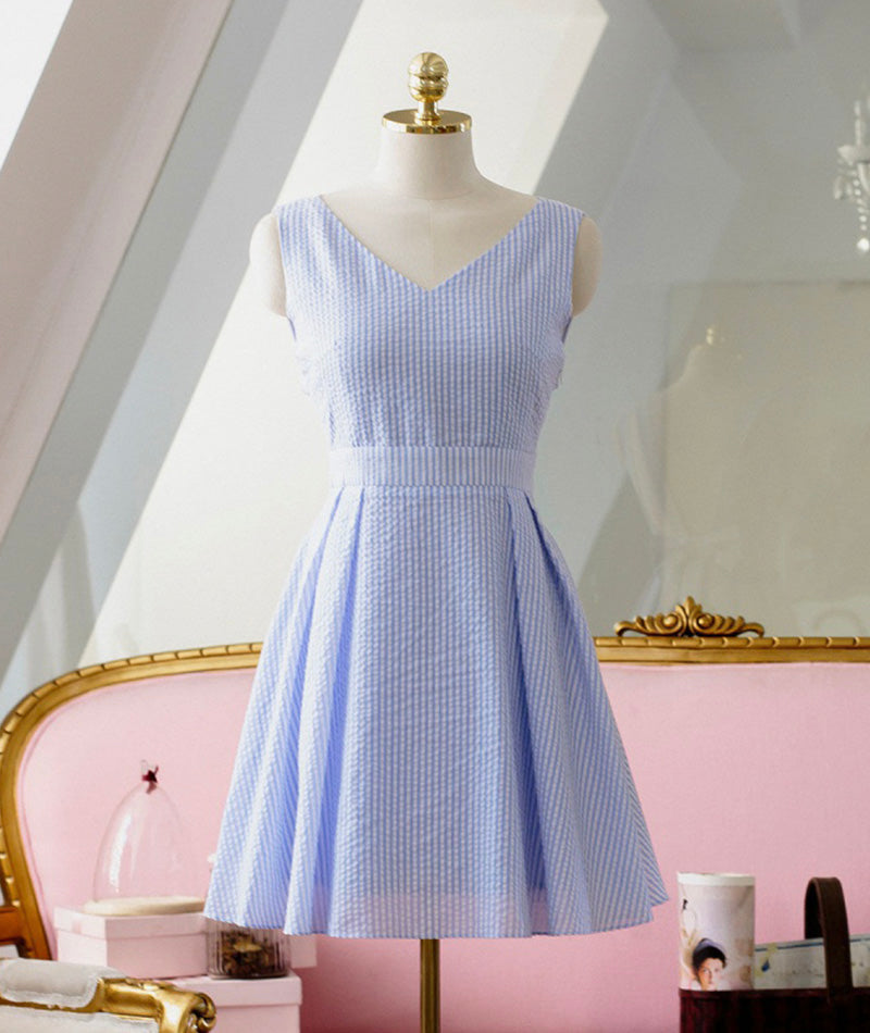 Süßes blaues kurzes Kleid mit V-Ausschnitt und Schleife Mode Mädchenkleid 1008