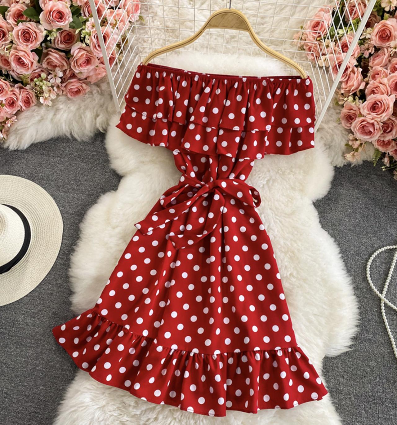Cute polka dot dress A line off shoulder dress  712