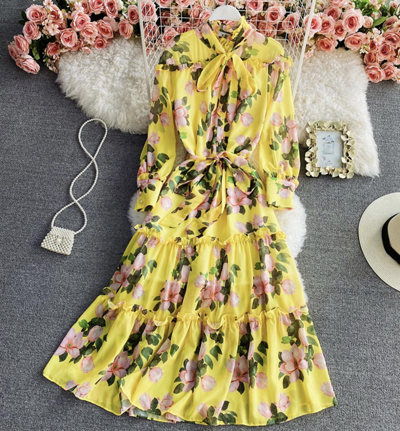 Yellow A line floral dress  814