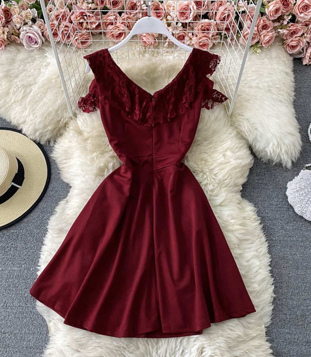 Red v neck short dress fashion dress  866