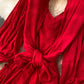 Red A line v neck open back dress long sleeve dress  942