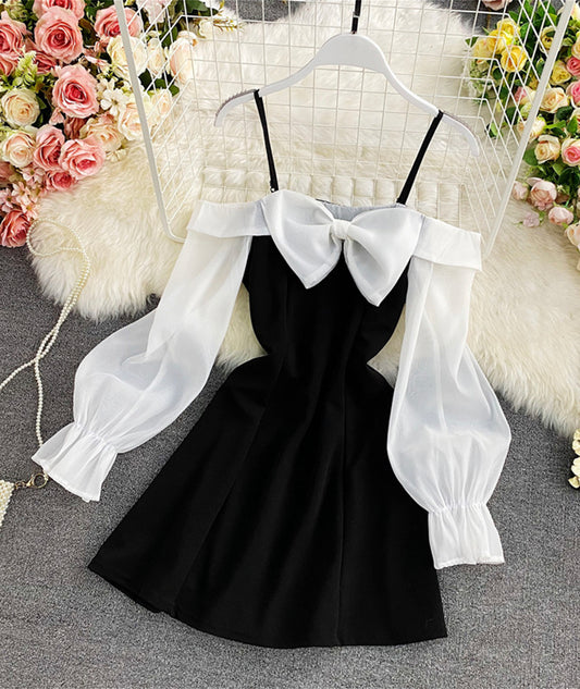 Cute bow short dress long sleeve dress  921