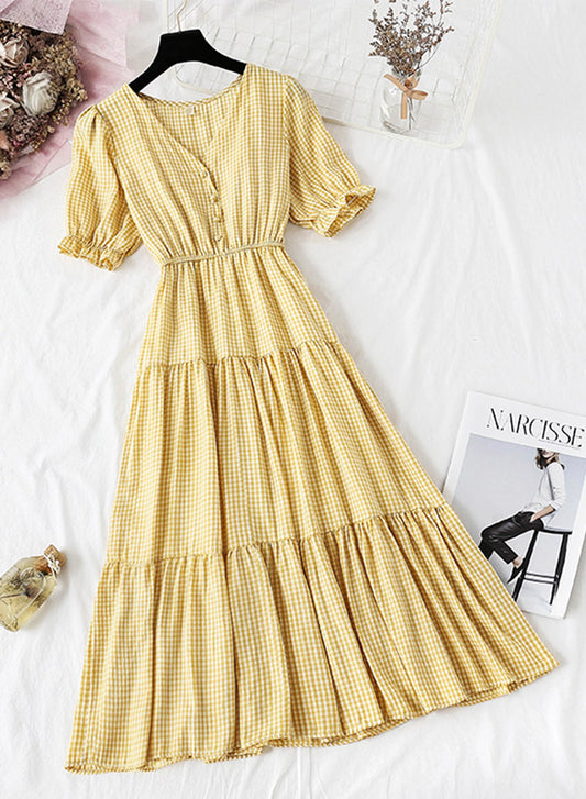 Robe à carreaux pour femme, coupe trapèze, col en V, 1135