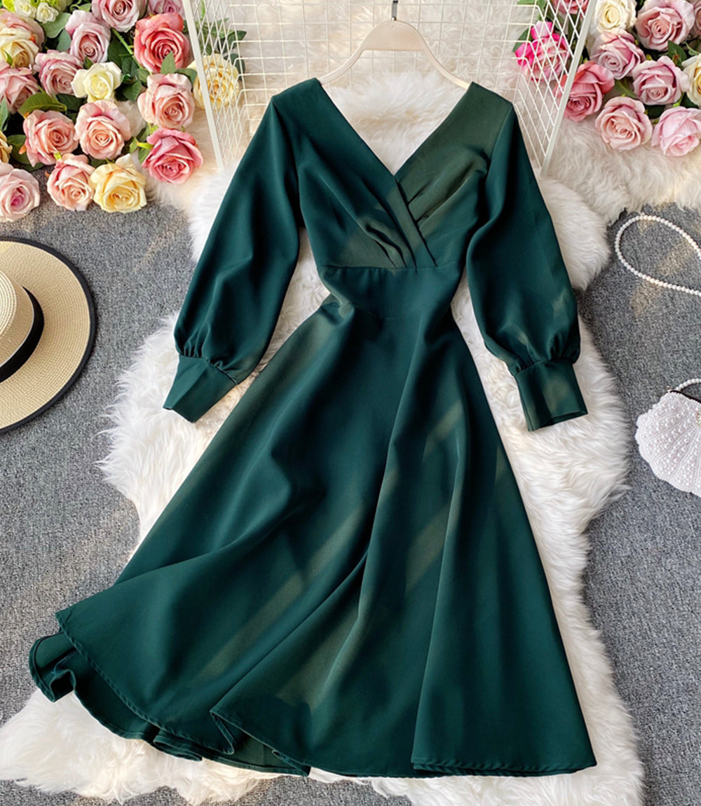 Einfaches Kleid in A-Linie mit V-Ausschnitt und langen Ärmeln 916