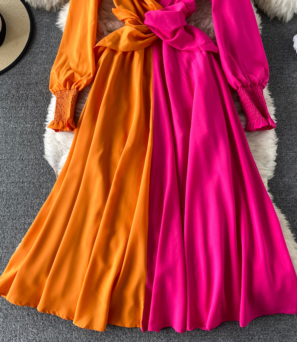 Einzigartiges langärmliges Kleid mit Farbblockierung 869