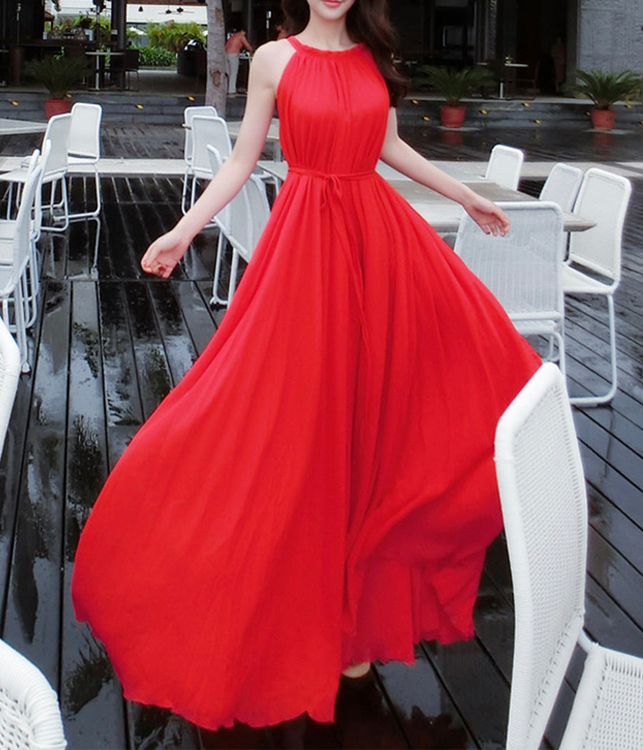 Red chiffon long dress women's dress  1190