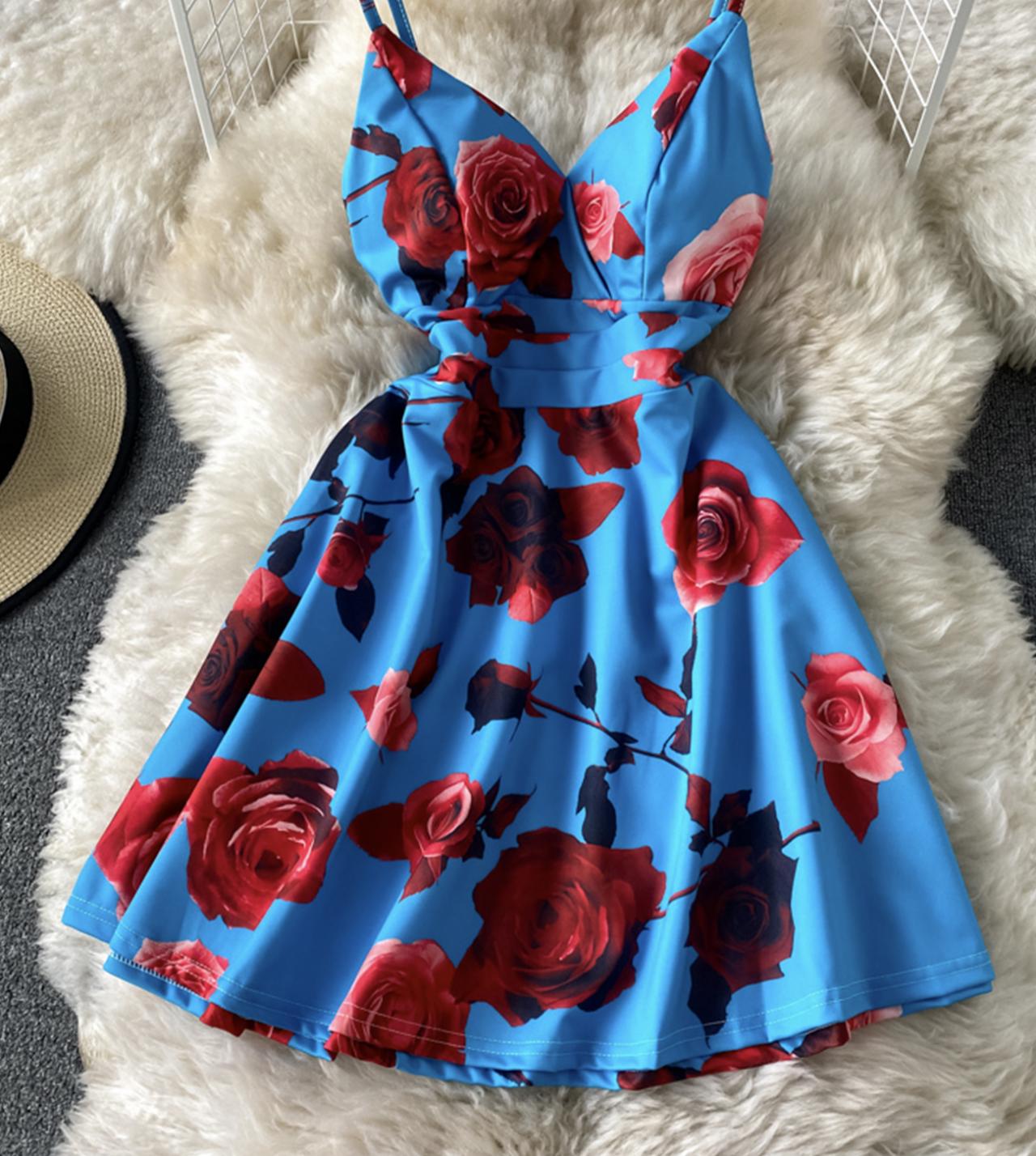 Cute A line floral dress short dress  774