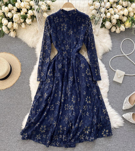 Elegant lace long sleeve dress A line dress  776
