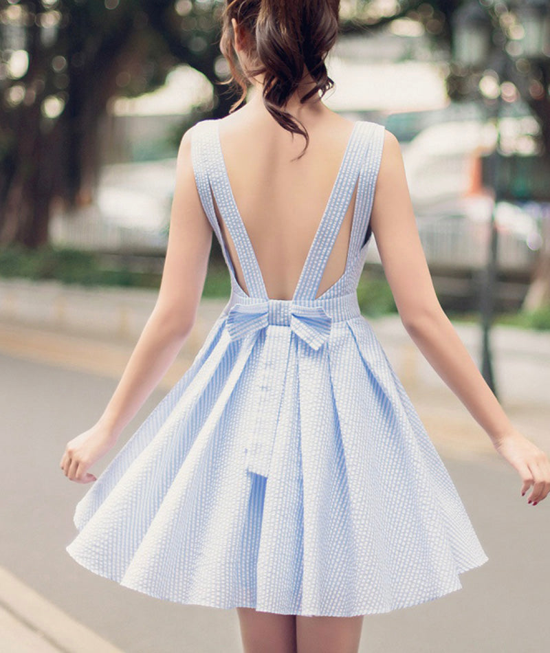 Süßes blaues kurzes Kleid mit V-Ausschnitt und Schleife Mode Mädchenkleid 1008