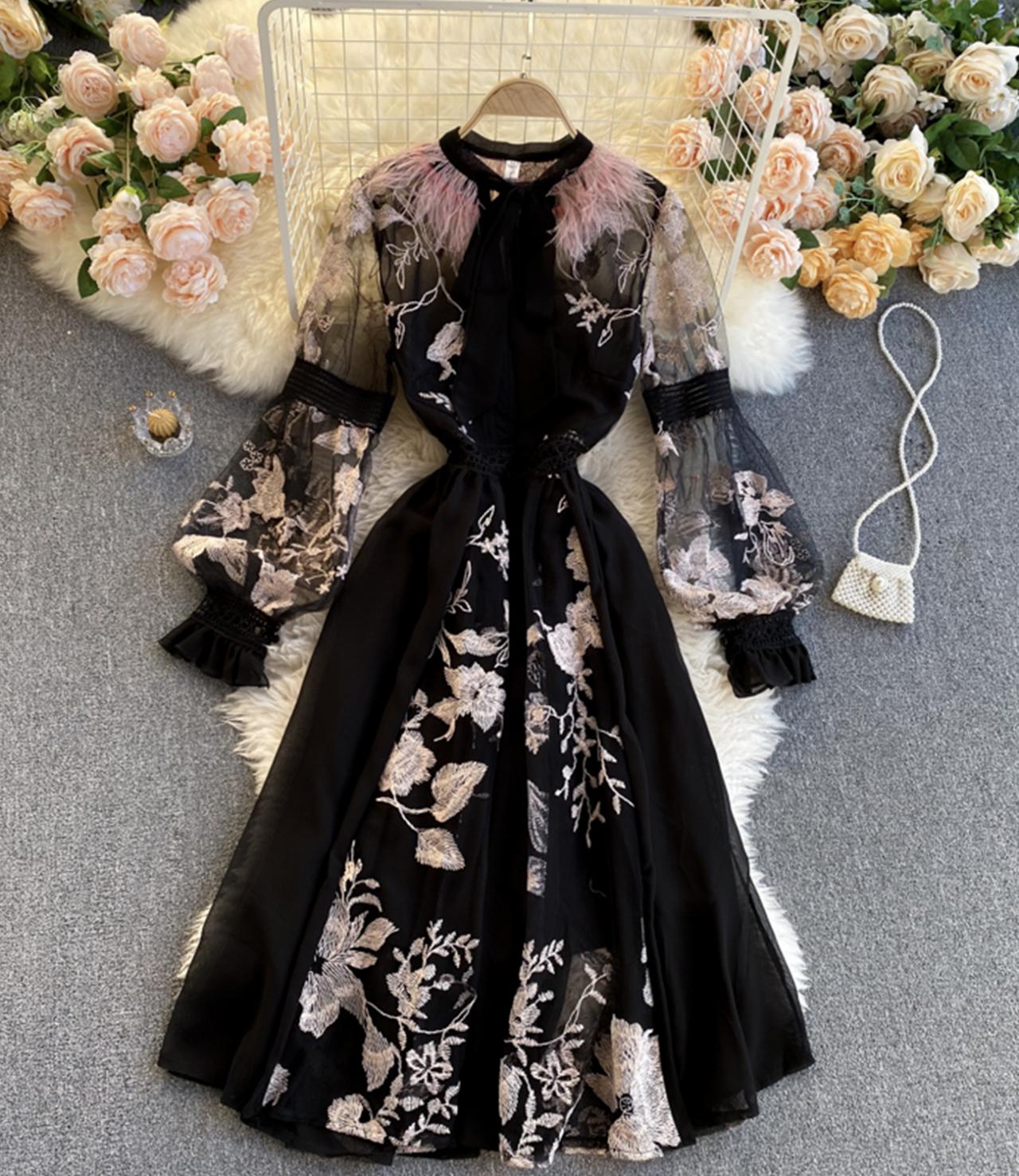Unique A line embroidery dress black dress  828
