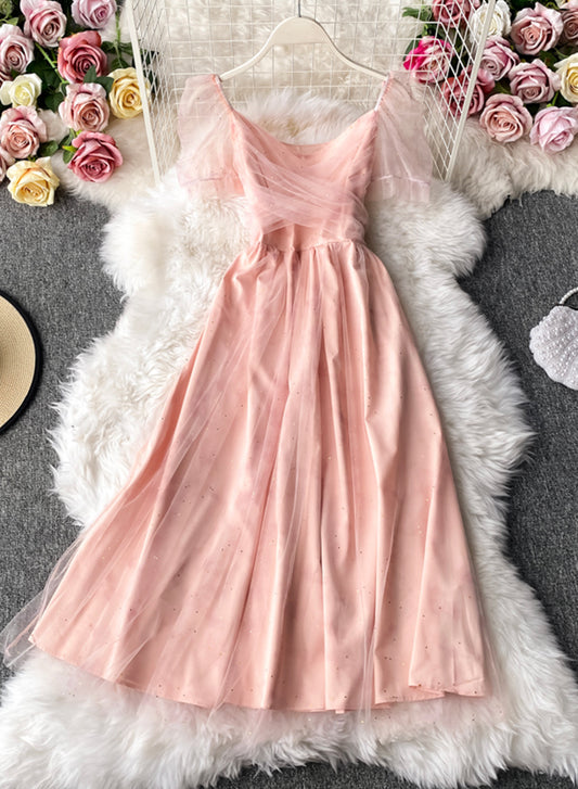 Robe courte d'été en tulle rose 1047