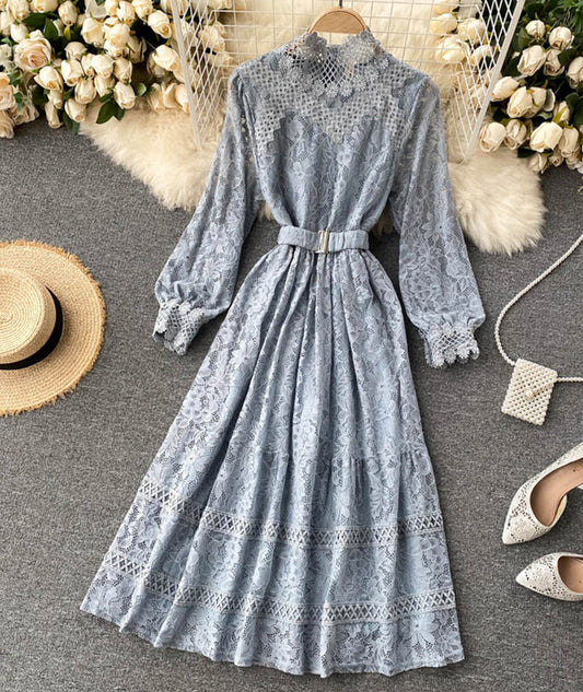 Elegant O-neck lace long sleeve dress  970