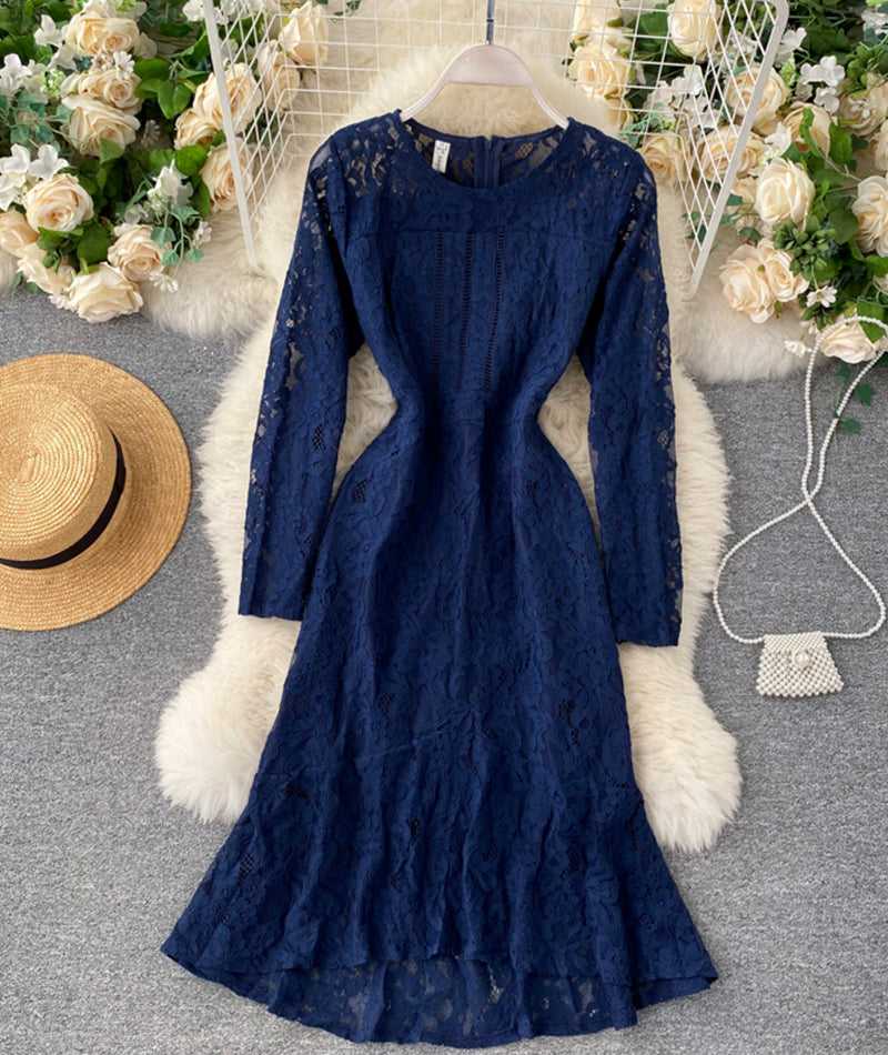 Blue round neck lace short dress long sleeve dress  955