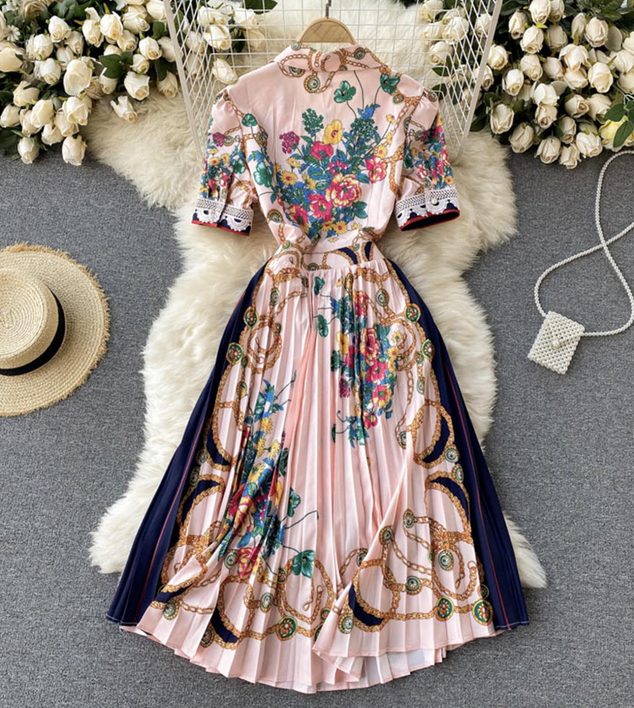 Rosa Kleid mit Blumenmuster in A-Linie, langärmliges Kleid 795
