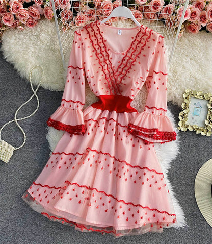Pink A line lace short dress fashion dress  842