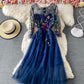 Blue A line tulle dress blue embroidery dress  852