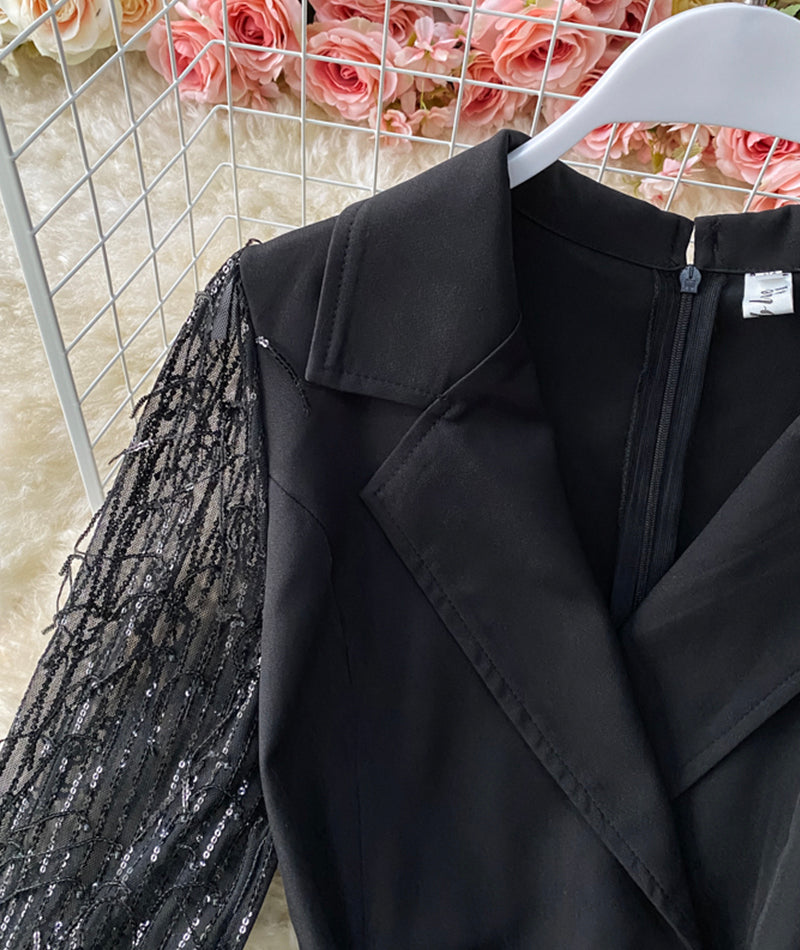Black v neck sequins long sleeve dress  958
