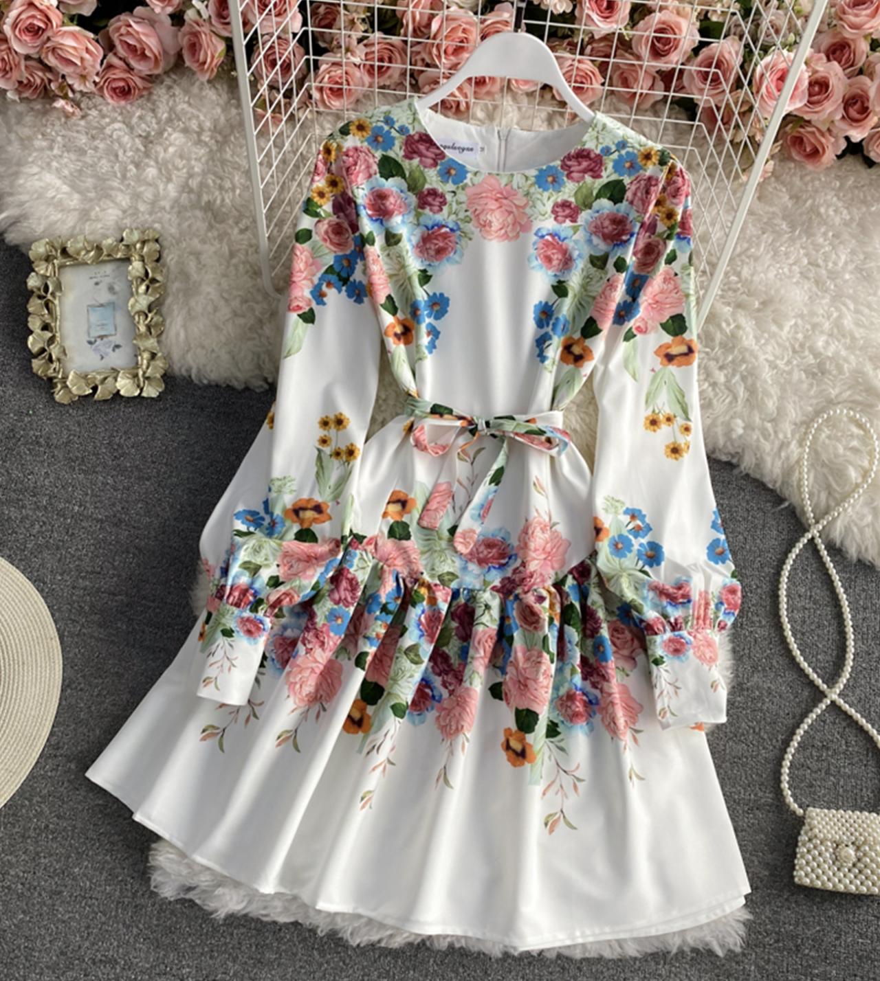 Stylish A line floral dress long sleeve dress  803