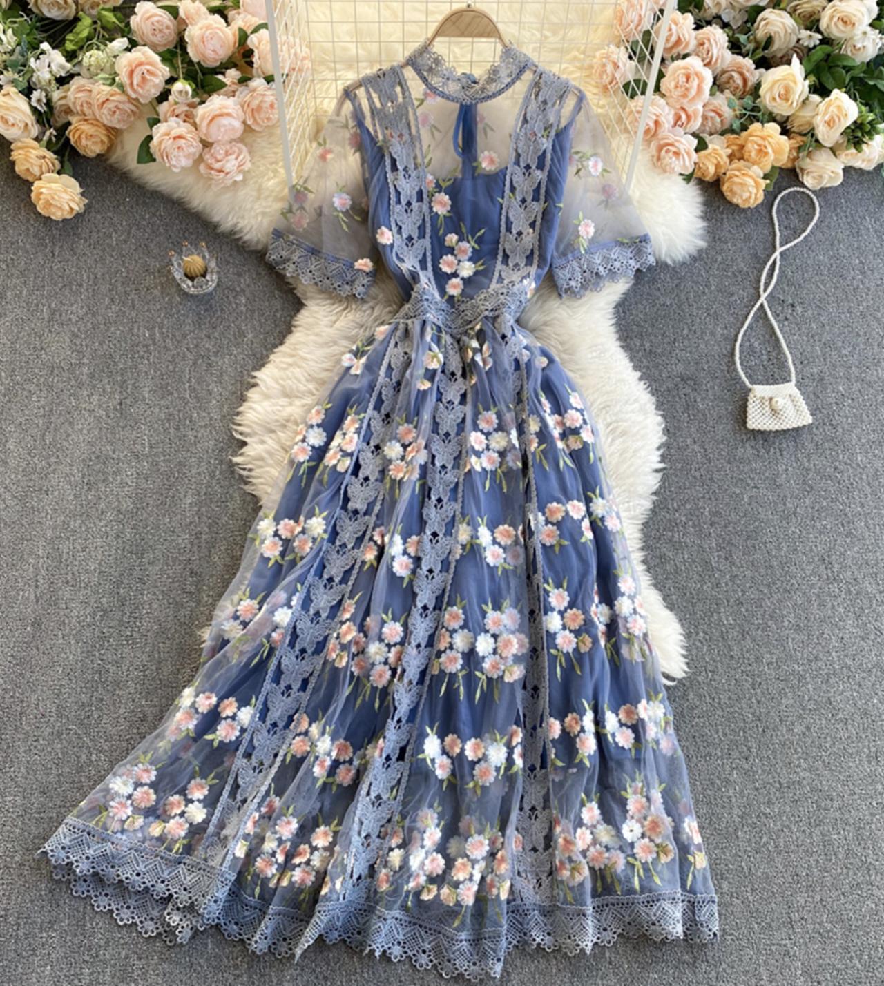 High quality lace short dress blue A line dress  796