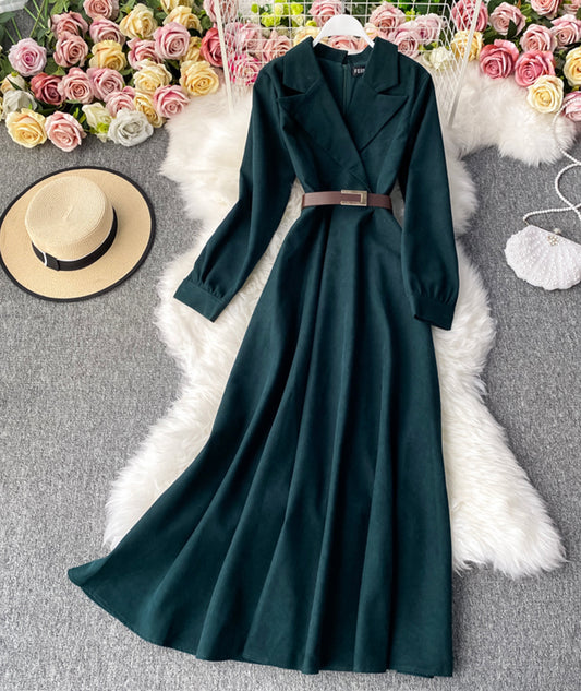 Elegant corduroy long sleeve dress A line dress  982