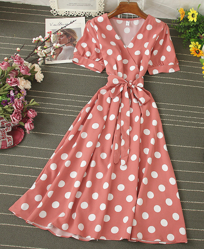 A line v neck polka dot dress fashion dress  1073
