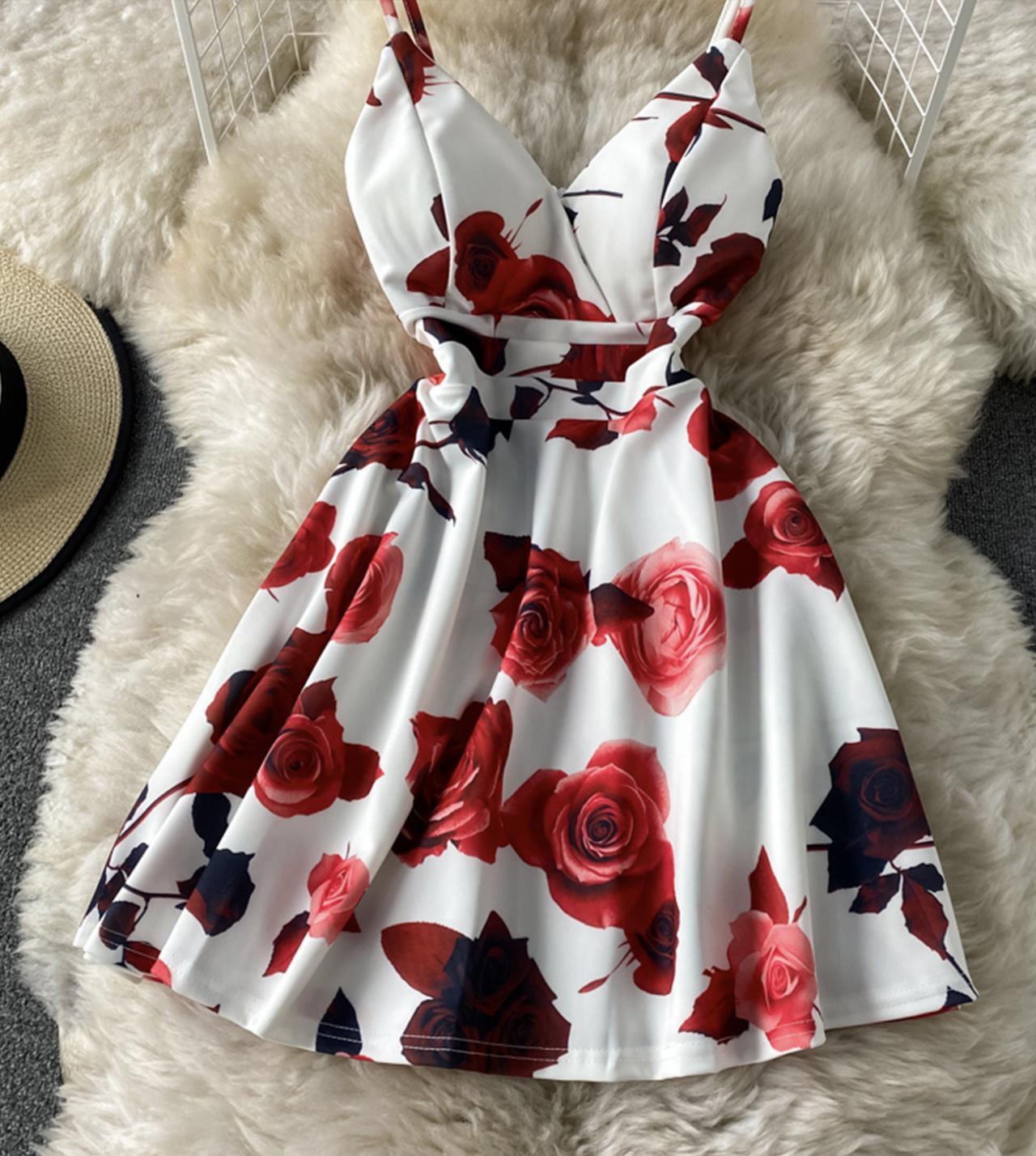 Cute A line floral dress short dress  774
