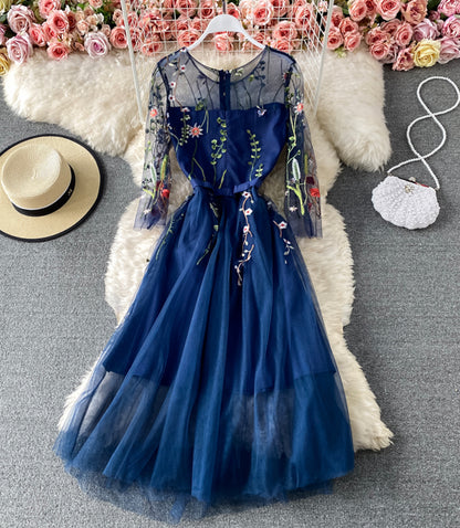 Blue A line tulle dress blue embroidery dress  852