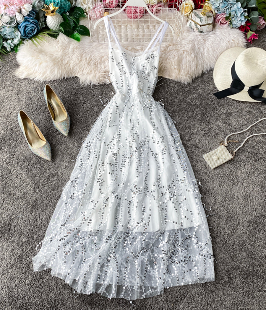 Stylish v neck tulle sequins dress fashion girl dress  1241
